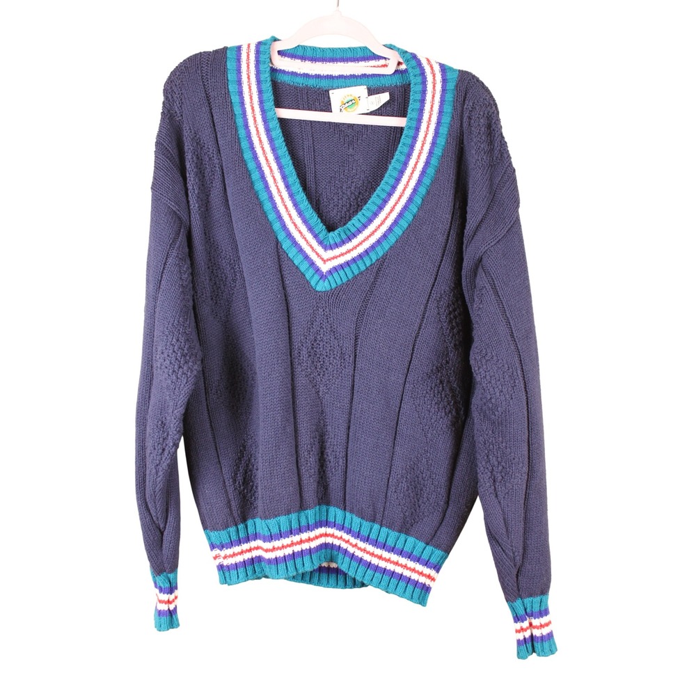 Vtg 90s Field Gear Ivy League Slouchy Blue Cable Knit V-neck Tennis Sweater M